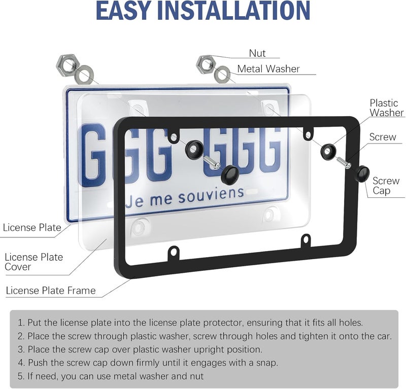 jalan License Plate Covers, 2 Pack License Plate Protector and Frames Combo, Plastic Car Front/Rear License Plate Covers ith Screws Caps, Universal Car Accessories for Most Cars - Image 3